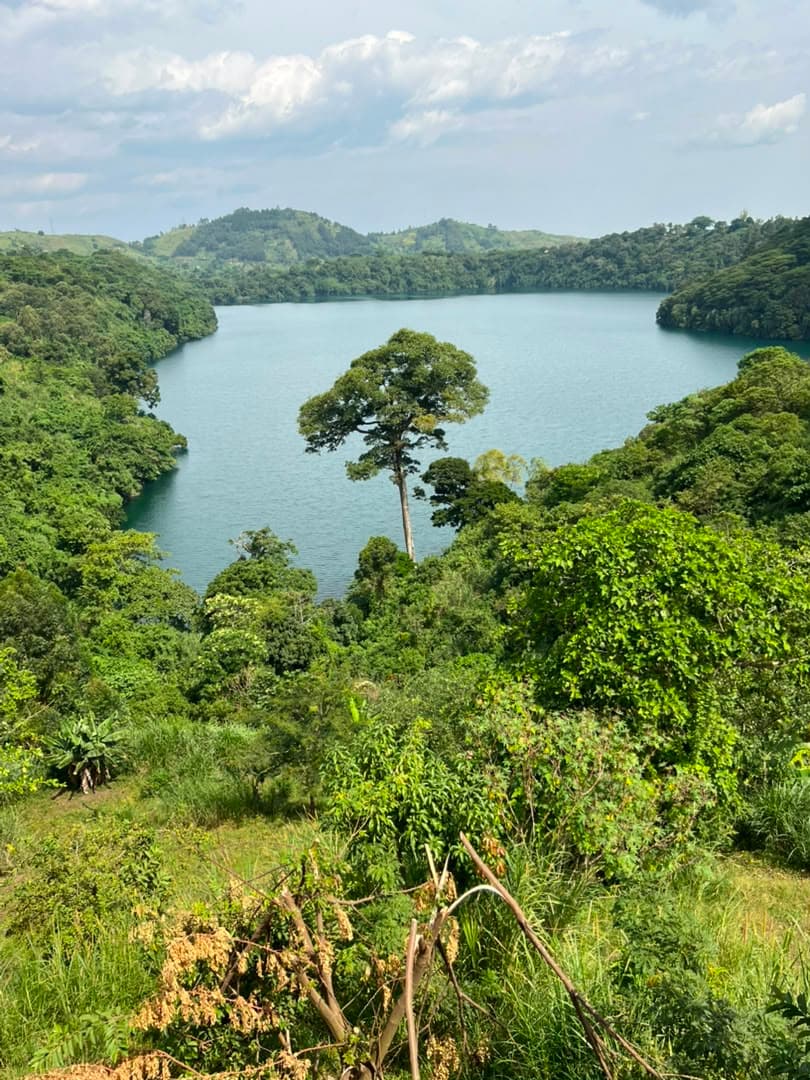 A crater lake seen through dense green hills